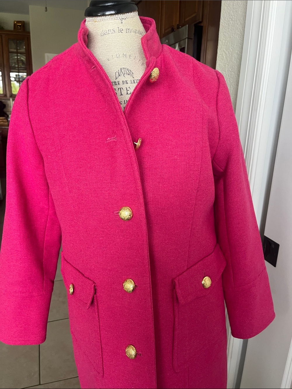 NWT Talbots bright pink wool blend, structured pea coat gold buttons 8P - Picture 3 of 11